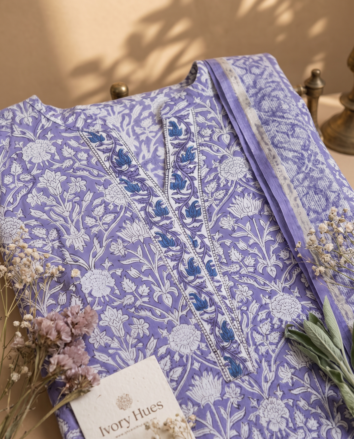 Anokhi Neela — lavender-purple suit with floral handblock prints, Chinese collar — Ivory Hues, Indian ethnic wear Singapore