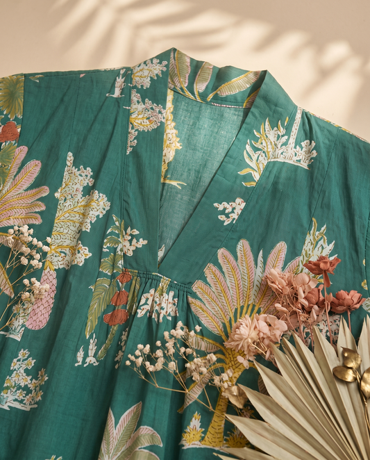 Fiza 3.0 Light Green — emerald green tropical floral-print cotton dress — Ivory Hues, Indian ethnic wear Singapore
