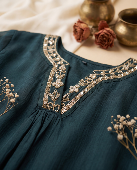 Noor Kamini — deep green chinnon suit with embroidered V-neckline — Ivory Hues, Indian ethnic wear Singapore