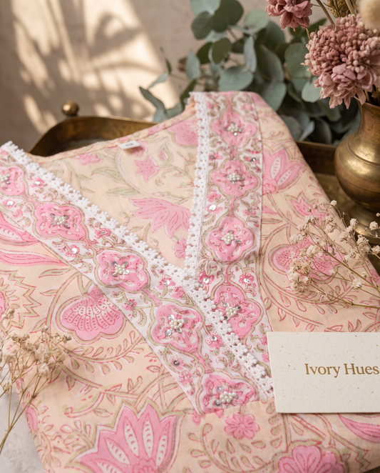 Anokhi Chahat — pink and peach cotton suit with floral handblock prints — Ivory Hues, Indian ethnic wear Singapore