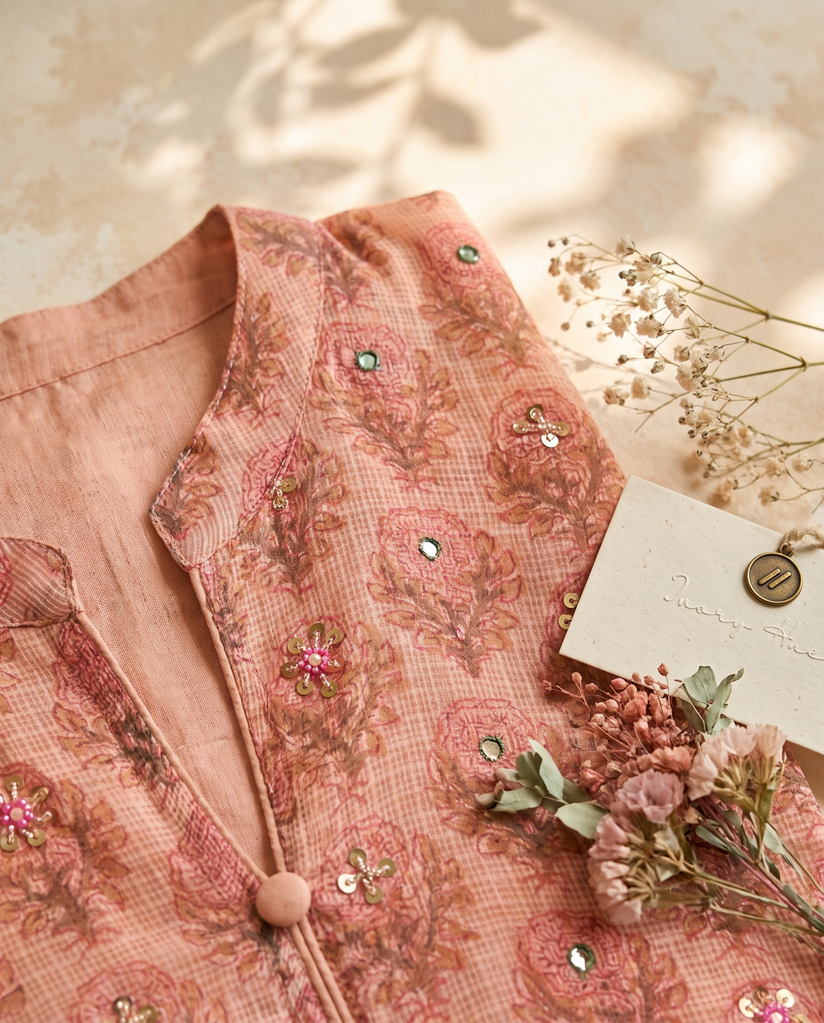 Kota Kainaat Aaliya — peach Kota doria suit with floral handblock print — Ivory Hues, Indian ethnic wear Singapore