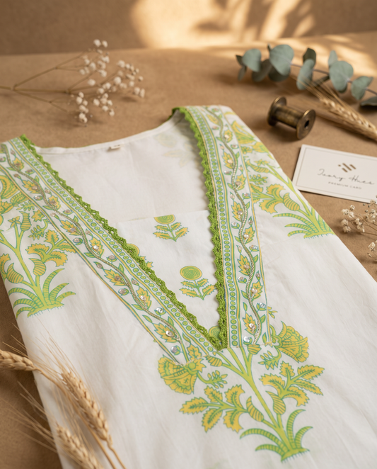 Malhar Shabnam — white and green cotton suit with Mughal handblock prints — Ivory Hues, Indian ethnic wear Singapore