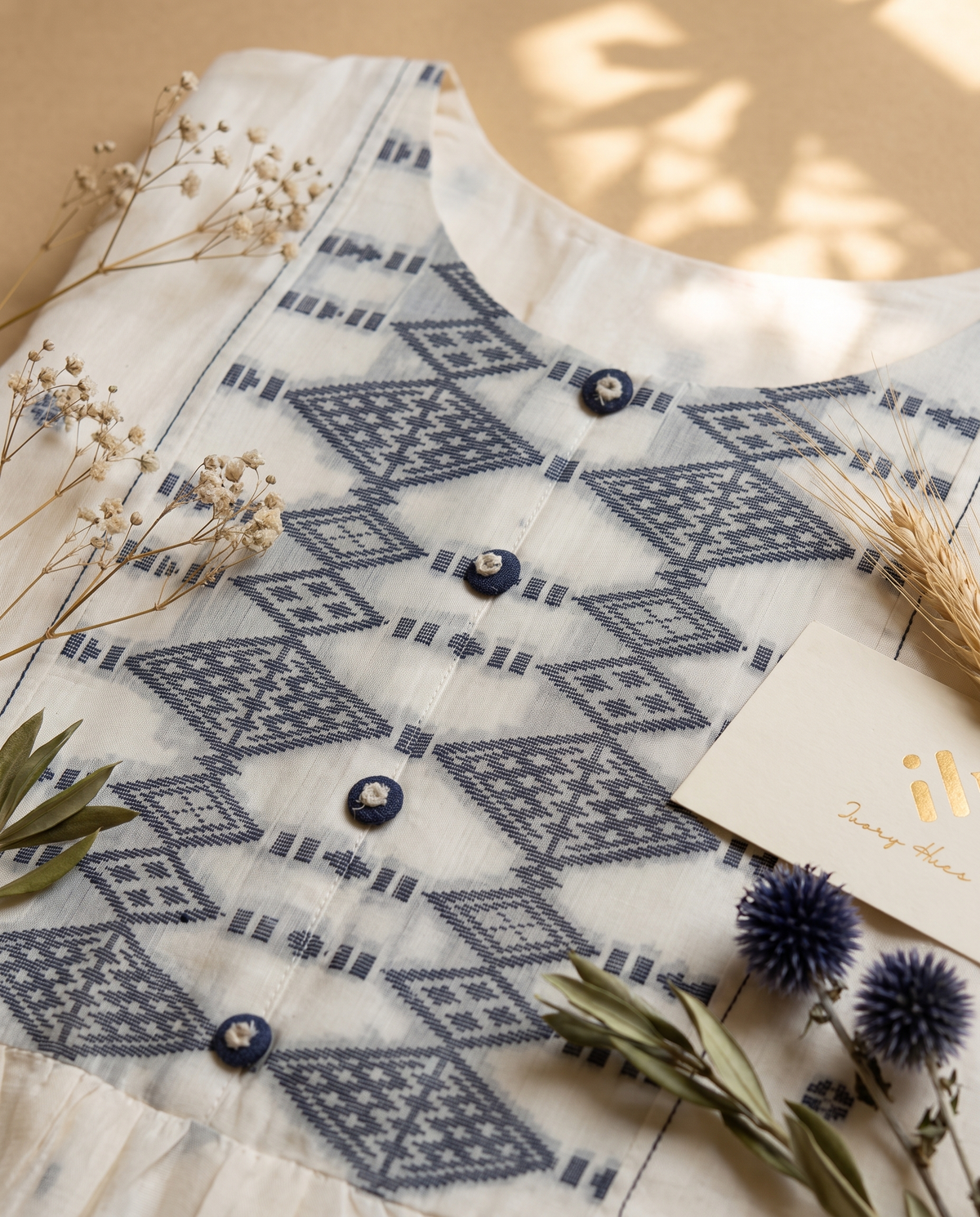 Malhar Resham — white and blue Jamdani suit with temple motif dupatta — Ivory Hues, Indian ethnic wear Singapore