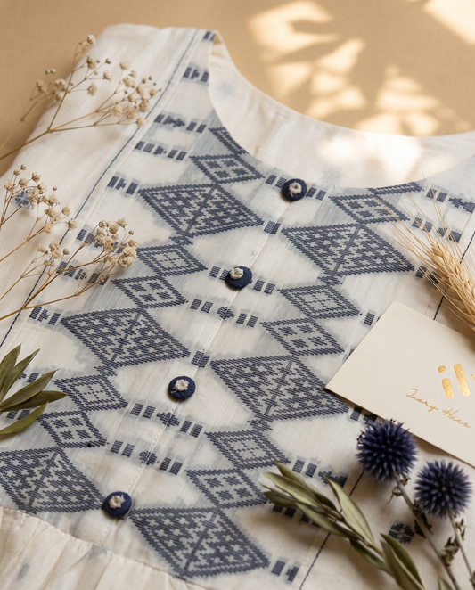 Malhar Resham — white and blue Jamdani suit with temple motif dupatta — Ivory Hues, Indian ethnic wear Singapore