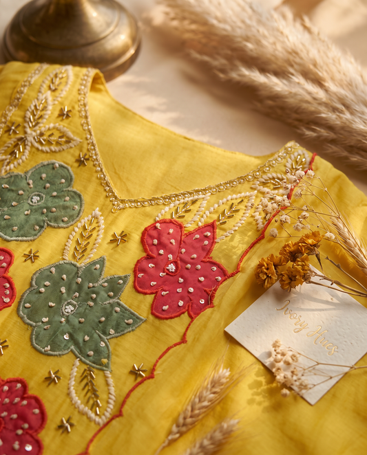 Noor Mehr — yellow mul Chanderi suit with applique embroidery and pearl detail — Ivory Hues, Indian ethnic wear Singapore