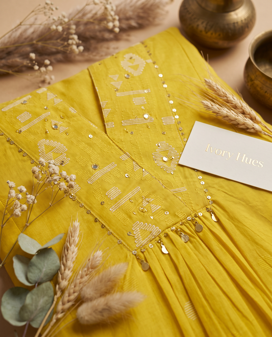 Anokhi Chaav — mustard cotton suit with butta prints and palazzo pants — Ivory Hues, Indian ethnic wear Singapore