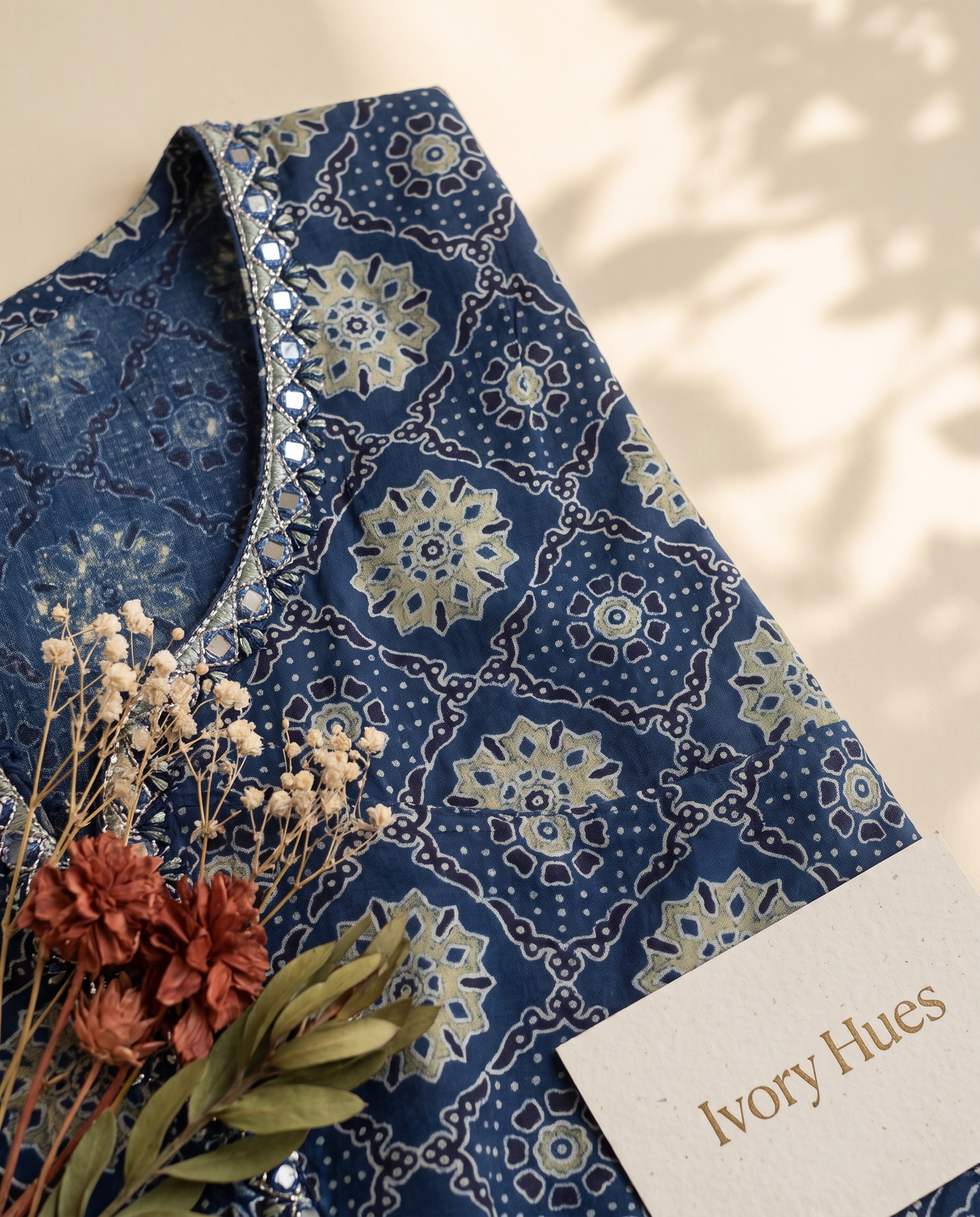 Sunehri Pal — blue and green Sanganeri-print suit with appliqued white dupatta — Ivory Hues, Indian ethnic wear Singapore