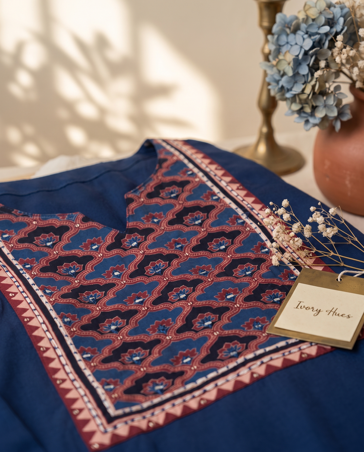 Anokhi Chamak — navy blue rayon suit with contrast embroidered patches — Ivory Hues, Indian ethnic wear Singapore