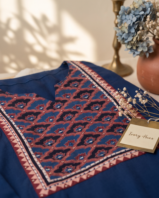 Anokhi Chamak — navy blue rayon suit with contrast embroidered patches — Ivory Hues, Indian ethnic wear Singapore