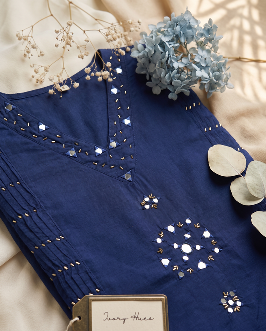 Anokhi Aaina — navy blue mul cotton suit with mirror and bead detailing — Ivory Hues, Indian ethnic wear Singapore