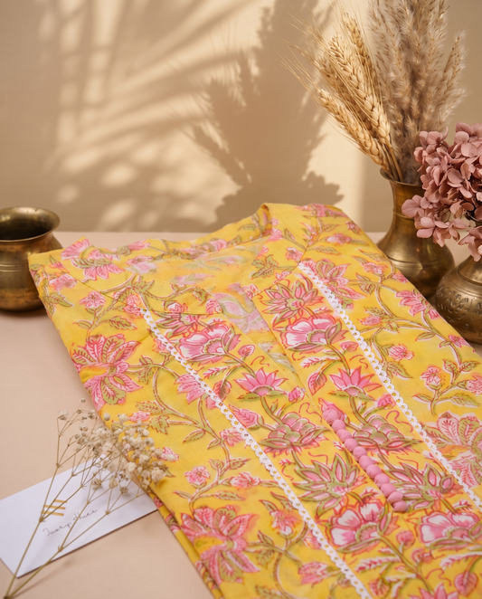 Anokhi Taal — yellow and pink cotton suit with floral handblock prints — Ivory Hues, Indian ethnic wear Singapore