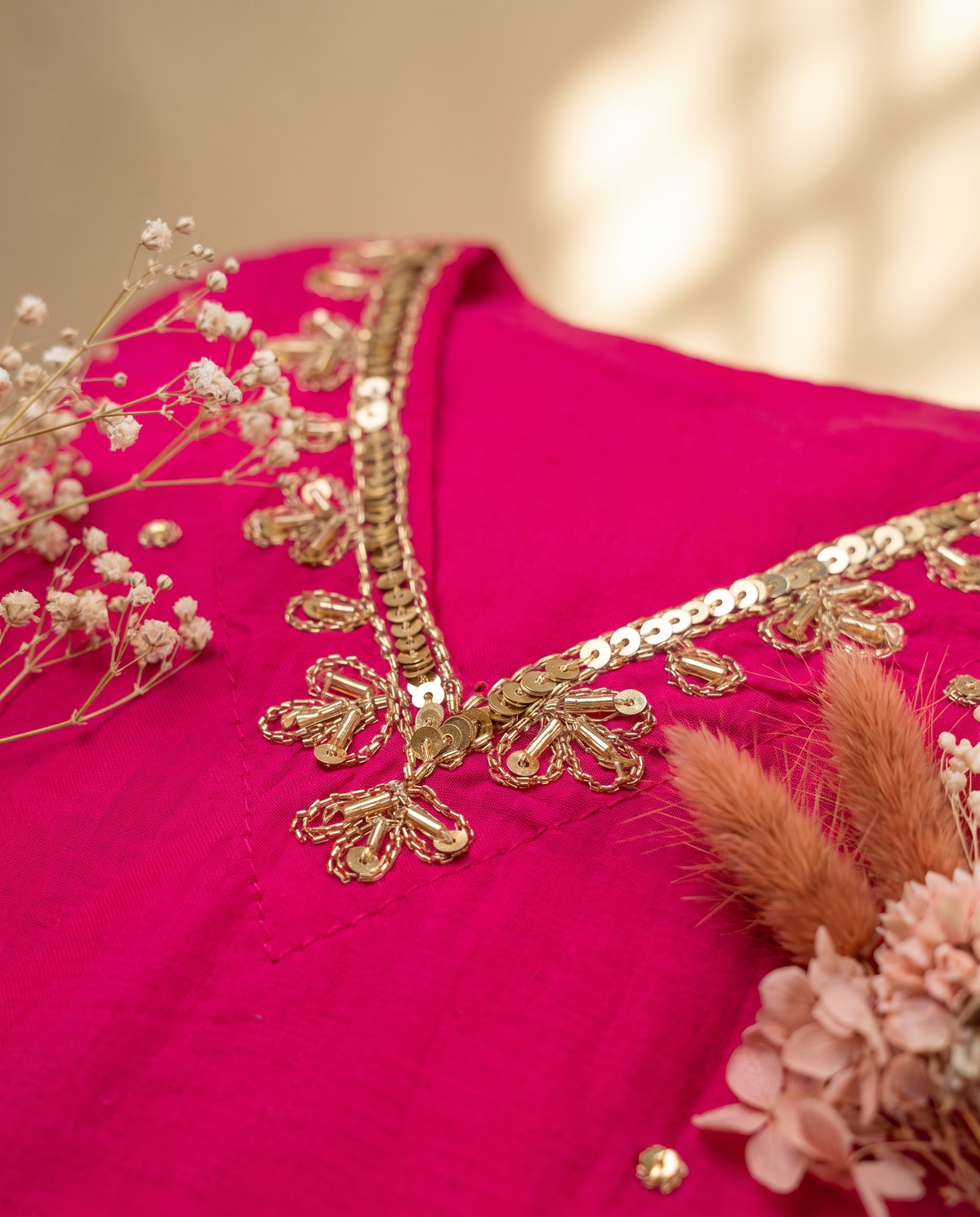 Noor Ishq — rani pink mul Chanderi suit with embroidered neckline and sleeves — Ivory Hues, Indian ethnic wear Singapore