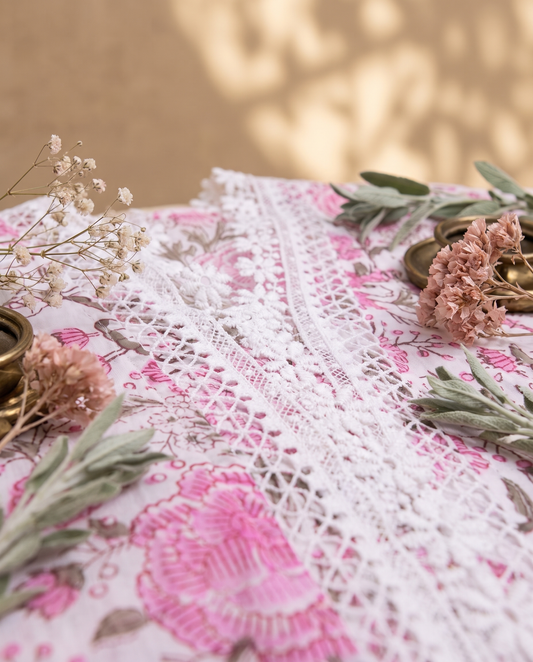 Malhar Sitara — white cotton suit with pink floral handblock prints — Ivory Hues, Indian ethnic wear Singapore