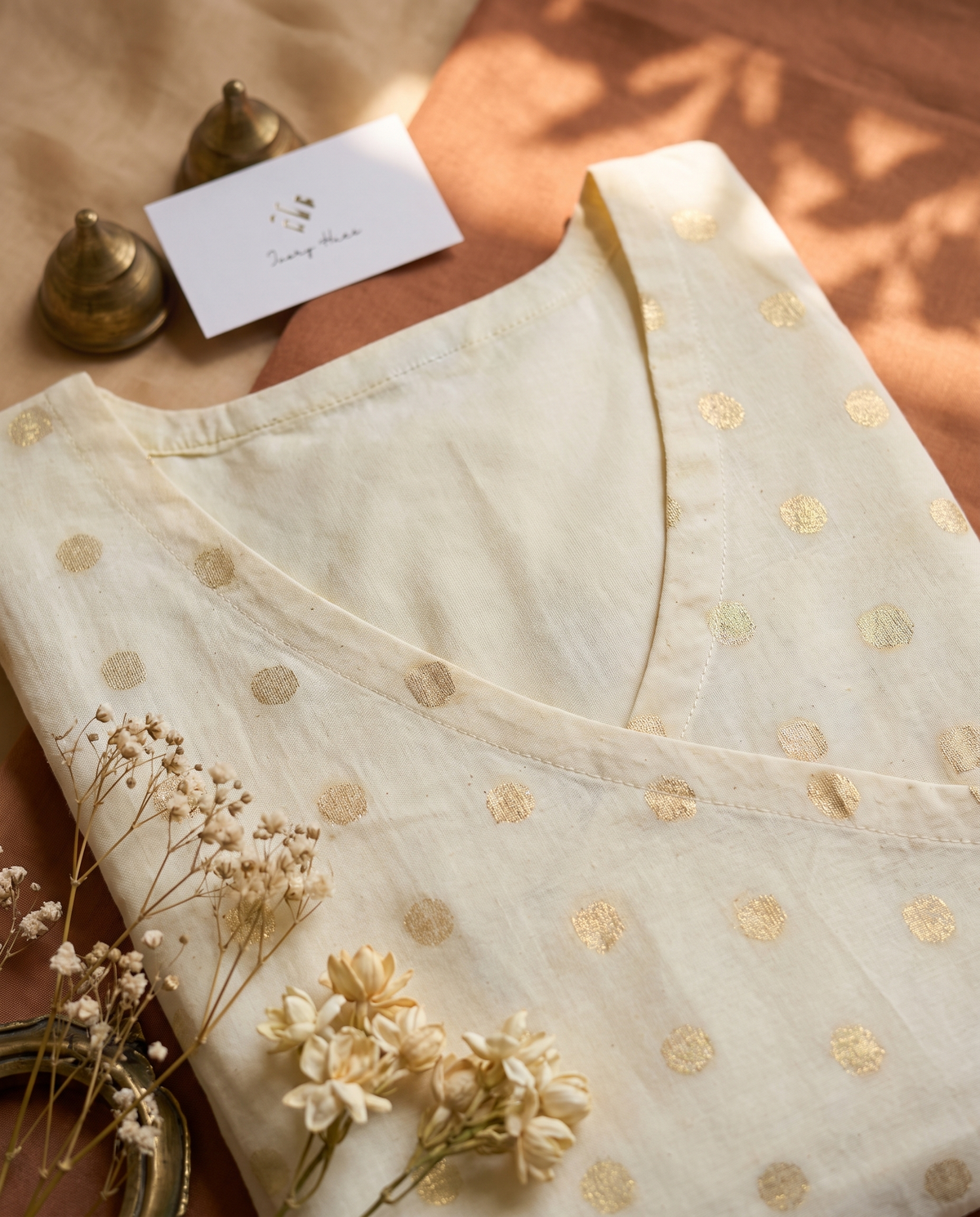 Chethi — off-white cotton Anarkali dress with gold butta print — Ivory Hues, Indian ethnic wear Singapore