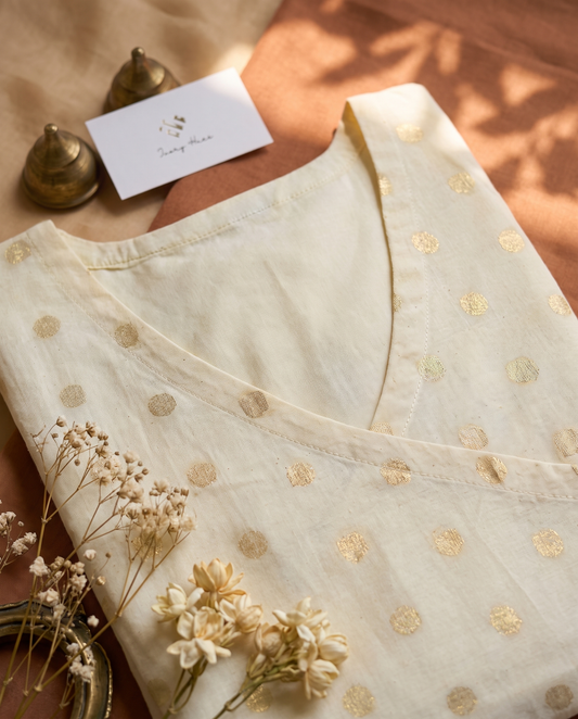 Chethi — off-white cotton Anarkali dress with gold butta print — Ivory Hues, Indian ethnic wear Singapore