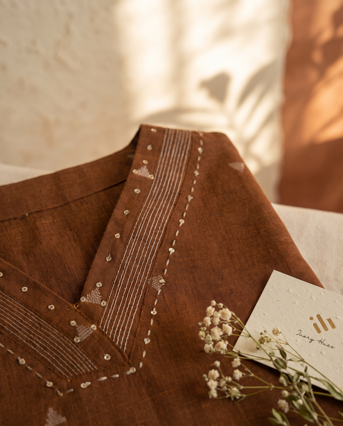 Anokhi Bhoomi — golden-brown handloom cotton suit with woven butta prints — Ivory Hues, Indian ethnic wear Singapore