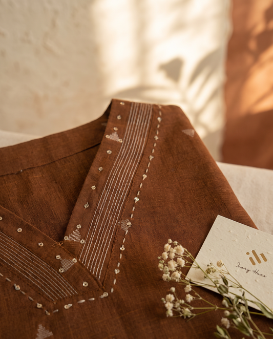 Anokhi Bhoomi — golden-brown handloom cotton suit with woven butta prints — Ivory Hues, Indian ethnic wear Singapore