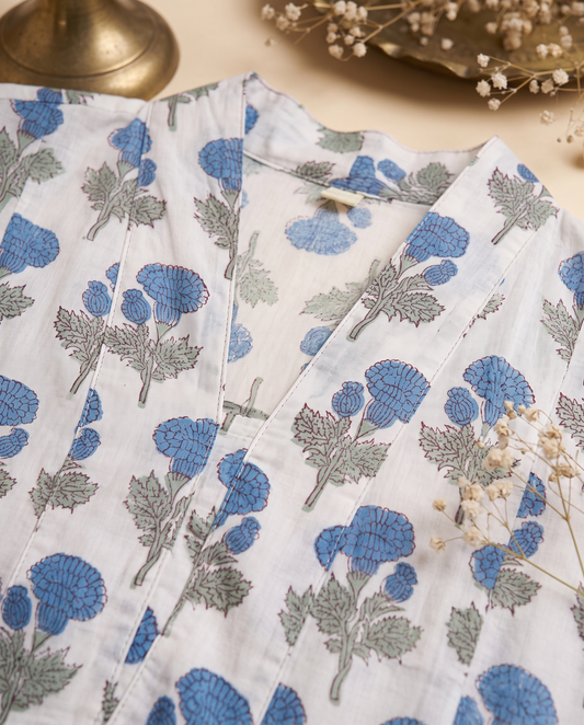 Malhar Saira — blue and white floral-print suit with sheer dupatta — Ivory Hues, Indian ethnic wear Singapore
