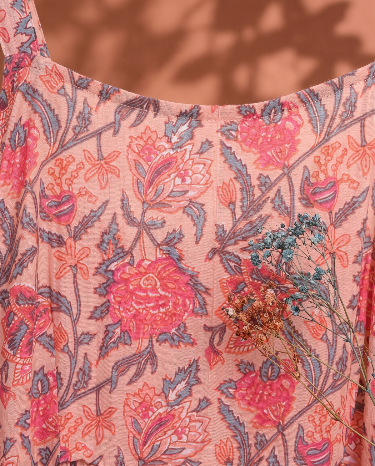 Leher Gul — peach dress with coral floral hand block print and pom-poms — Ivory Hues, Indian ethnic wear Singapore