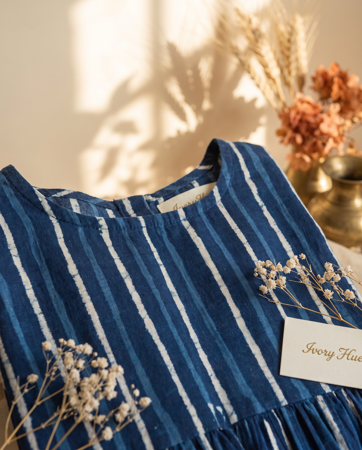 Indigo Rhythm Dress — indigo striped dress with flared silhouette — Ivory Hues, Indian ethnic wear Singapore