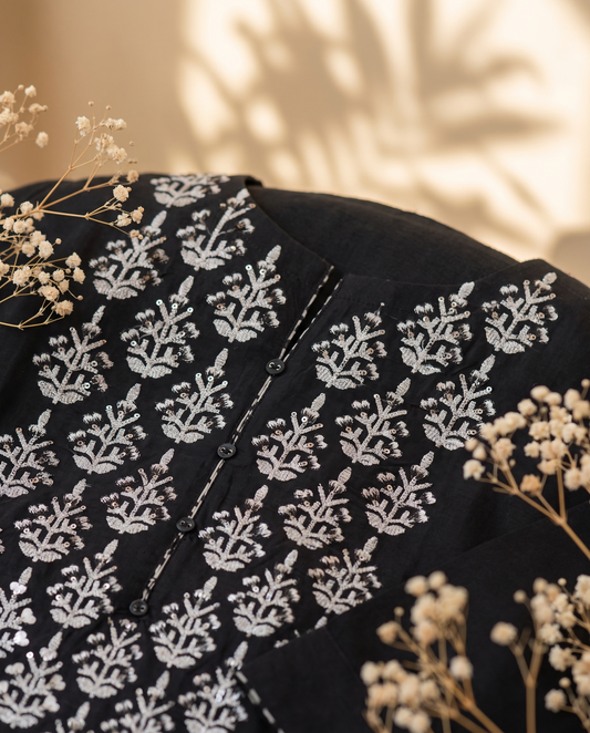 Anokhi Shobha — black and grey cotton suit with floral embroidered neckline — Ivory Hues, Indian ethnic wear Singapore