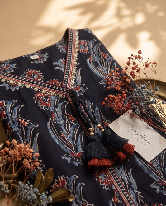 Anokhi Mehek — navy blue cotton suit with angrakha silhouette and handblock print — Ivory Hues, Indian ethnic wear Singapore