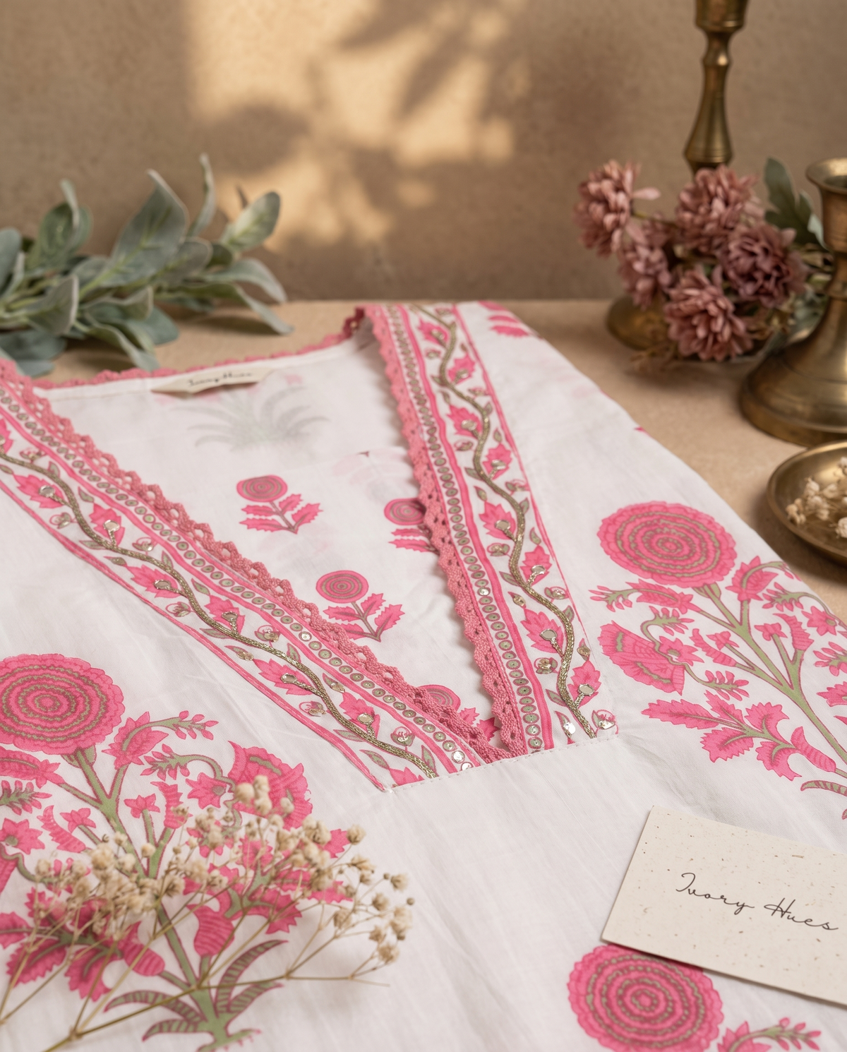 Malhar Raagini — white and pink cotton suit with Mughal handblock prints — Ivory Hues, Indian ethnic wear Singapore