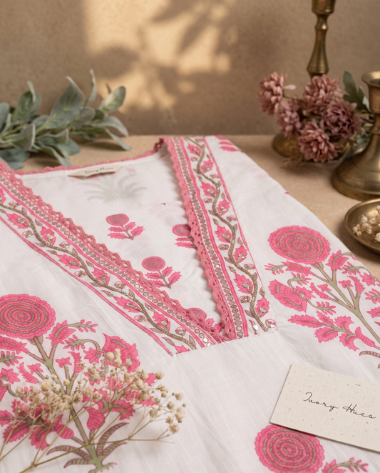 Malhar Raagini — white and pink cotton suit with Mughal handblock prints — Ivory Hues, Indian ethnic wear Singapore