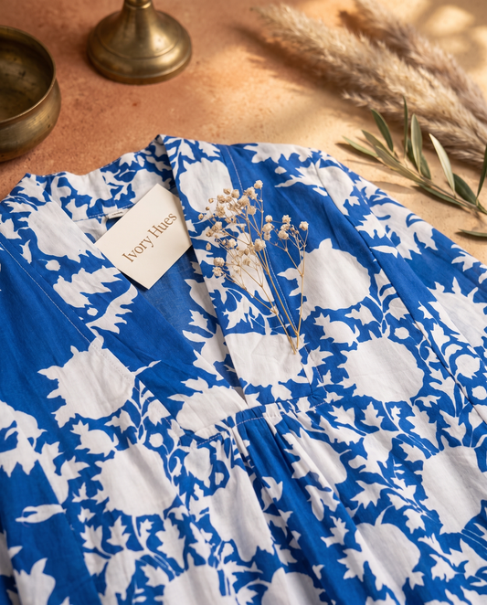 Fiza 2.0 Ink Blue — ink blue breathable cotton dress, relaxed silhouette — Ivory Hues, Indian ethnic wear Singapore
