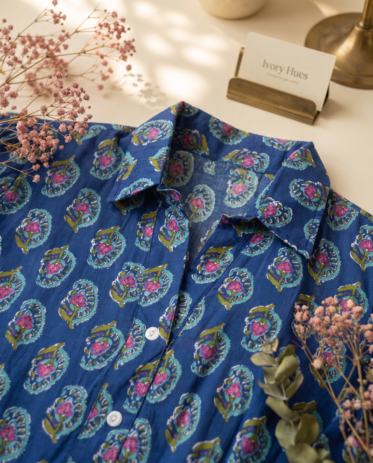 Leher Rang — peacock blue shirt dress with contrast hand block print — Ivory Hues, Indian ethnic wear Singapore