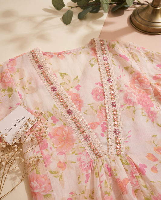 Anokhi Katha — off-white suit with pastel floral print and lace detailing — Ivory Hues, Indian ethnic wear Singapore