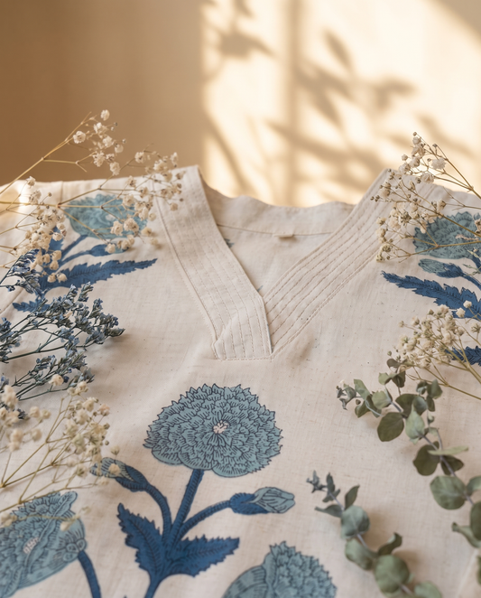 Meher Raina — off-white cotton-flax co-ord set with blue floral Mughal print — Ivory Hues, Indian ethnic wear Singapore