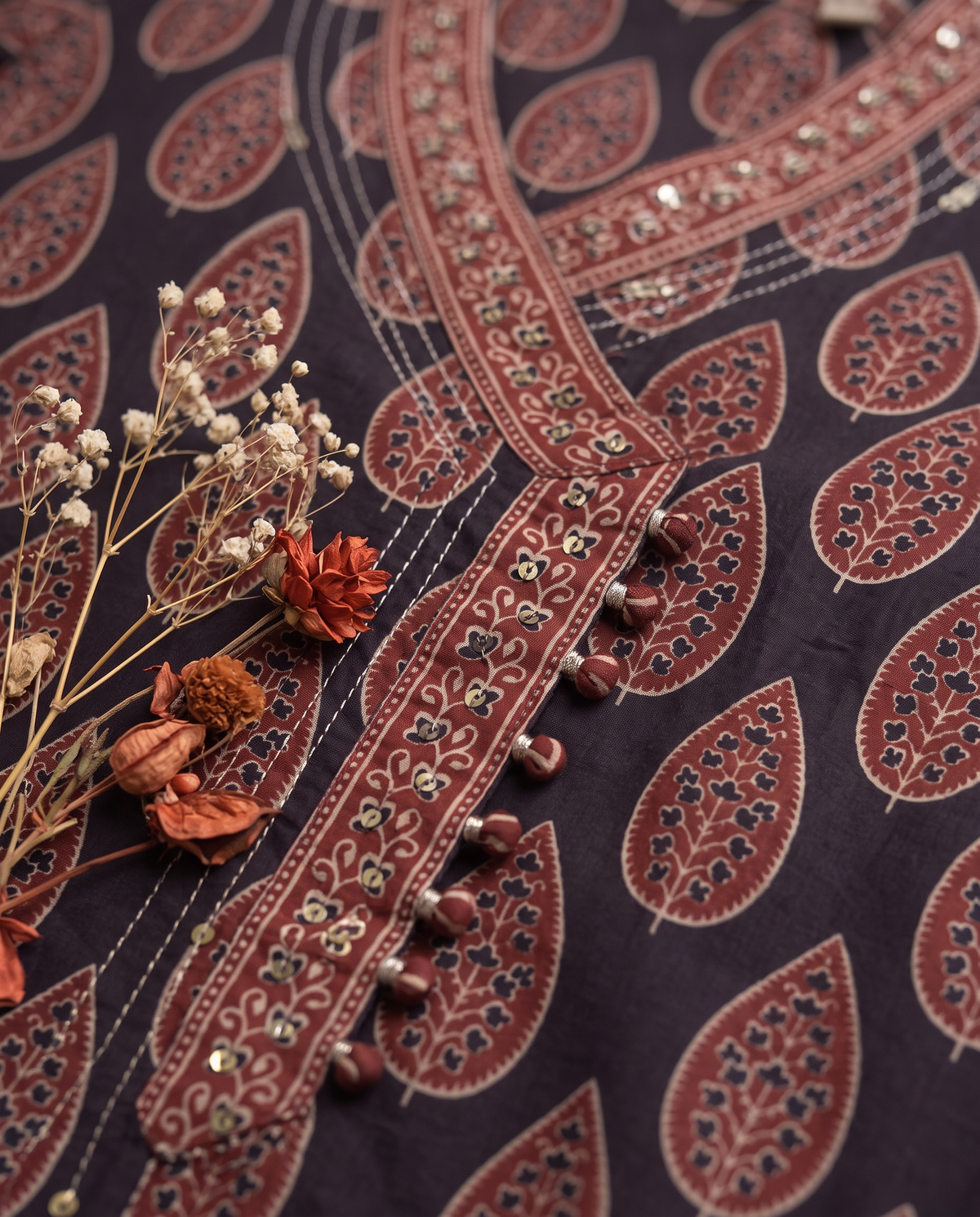 Sunehri Kanak — red and black handblock-print suit with angrakha silhouette — Ivory Hues, Indian ethnic wear Singapore