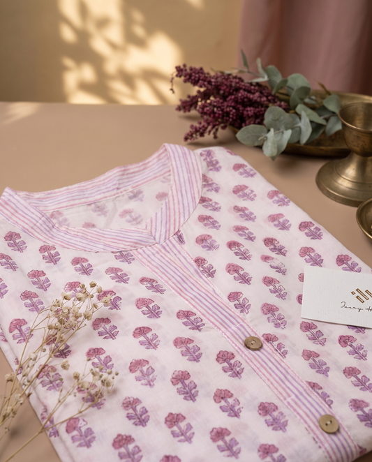 Malhar Nazm — white cotton suit with pink butta handblock print — Ivory Hues, Indian ethnic wear Singapore
