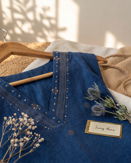 Anokhi Bunavat — lapis blue handloom cotton suit with woven butta prints — Ivory Hues, Indian ethnic wear Singapore