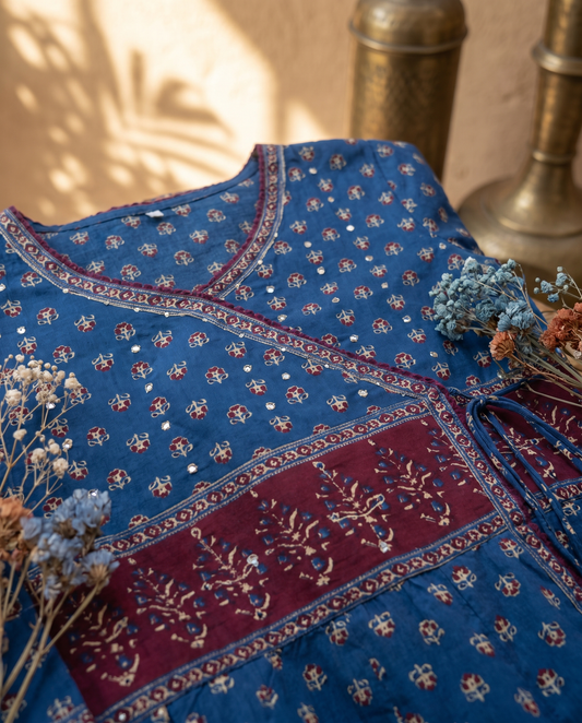 Sunehri Tashan — blue and maroon cotton angrakha suit with handblock prints — Ivory Hues, Indian ethnic wear Singapore