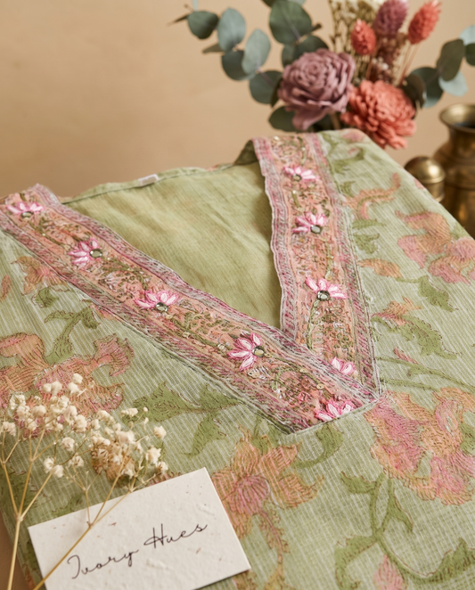 Kota Kainaat Naaz — sage green Kota doria suit with pink-peach floral print — Ivory Hues, Indian ethnic wear Singapore