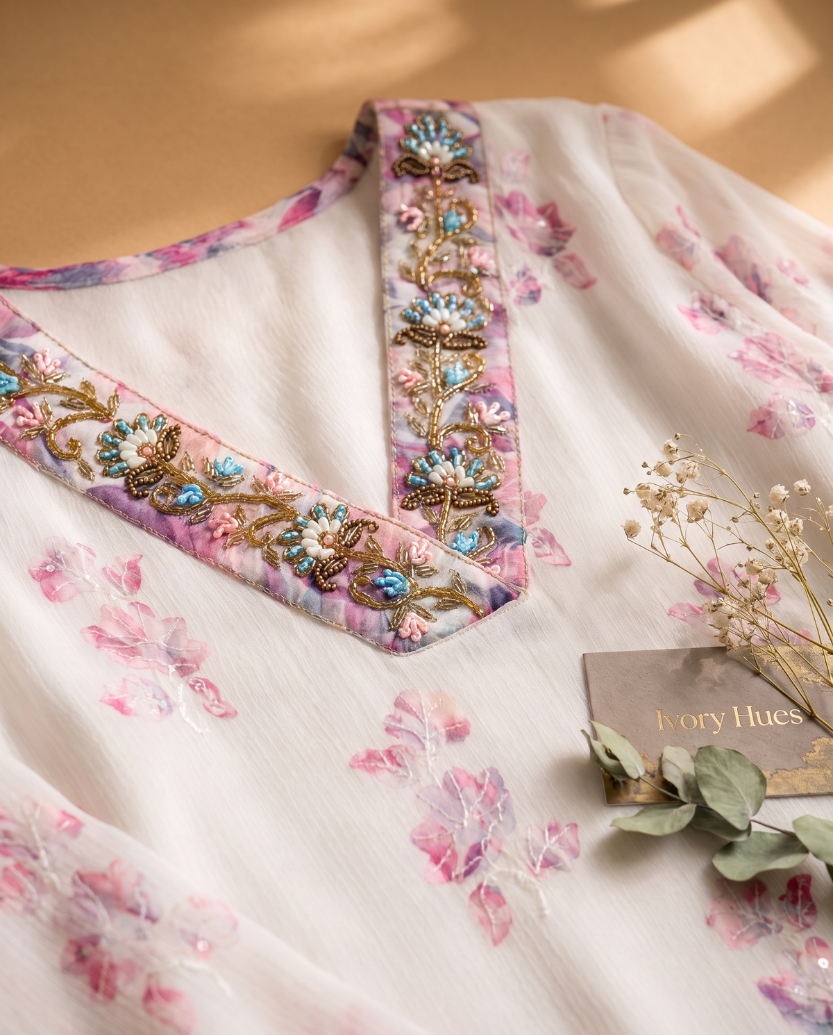 Noor Mehfil — white crepe suit with applique work and embroidered neckline — Ivory Hues, Indian ethnic wear Singapore