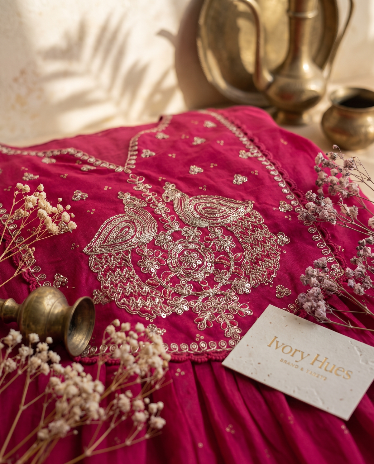 Anokhi Mayuri — raspberry cotton suit set with peacock embroidery neckline — Ivory Hues, Indian ethnic wear Singapore