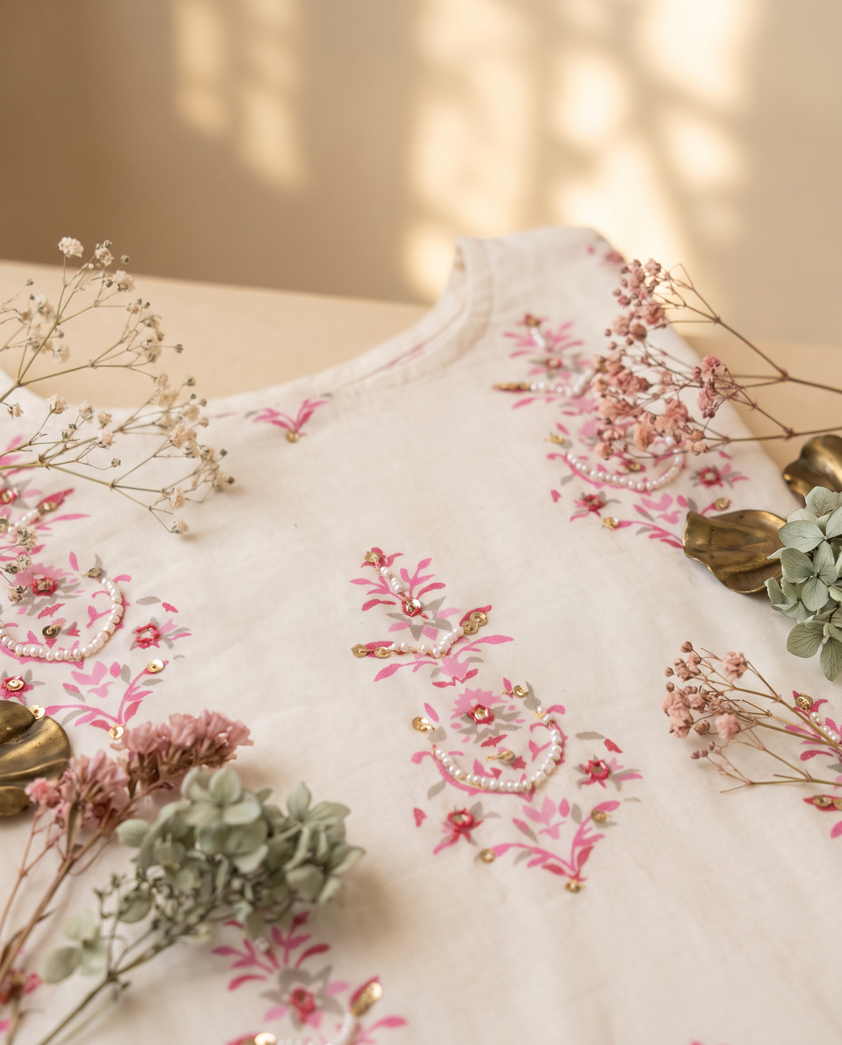 Leher Roohi — cotton jumpsuit with baby pink handblock print and waist belt — Ivory Hues, Indian ethnic wear Singapore