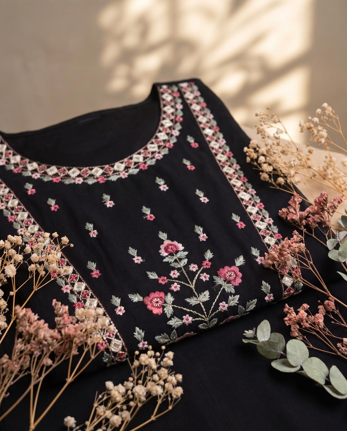 Noor Aks — black muslin suit set with floral embroidered placket — Ivory Hues, Indian ethnic wear Singapore