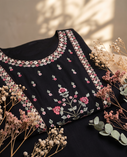 Noor Aks — black muslin suit set with floral embroidered placket — Ivory Hues, Indian ethnic wear Singapore