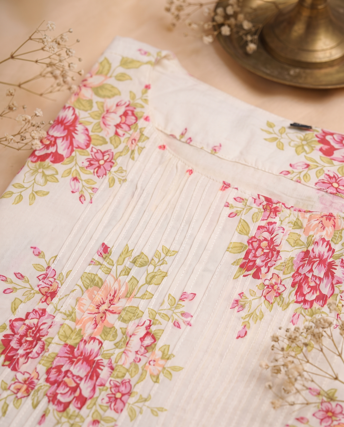 Meher Gulnaar — cotton co-ord set with floral print and ruffled sleeves — Ivory Hues, Indian ethnic wear Singapore