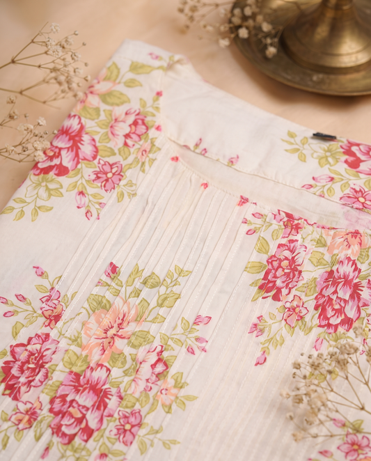 Meher Gulnaar — cotton co-ord set with floral print and ruffled sleeves — Ivory Hues, Indian ethnic wear Singapore