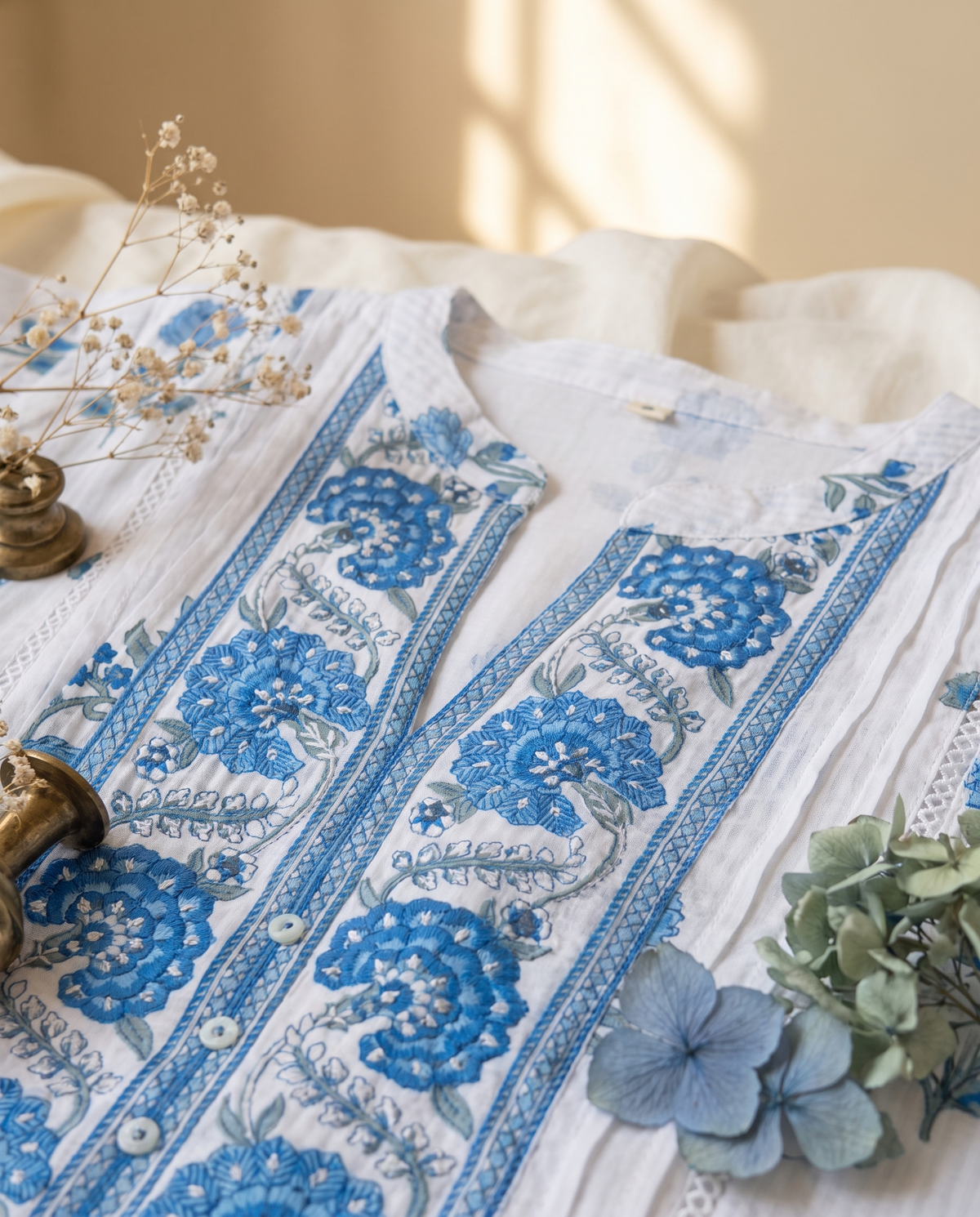Malhar Boond — white and blue cotton suit with handblock prints — Ivory Hues, Indian ethnic wear Singapore