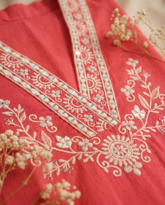 Meher Ranya — coral cotton co-ord set with Afghani-style sleeves and embroidery — Ivory Hues, Indian ethnic wear Singapore