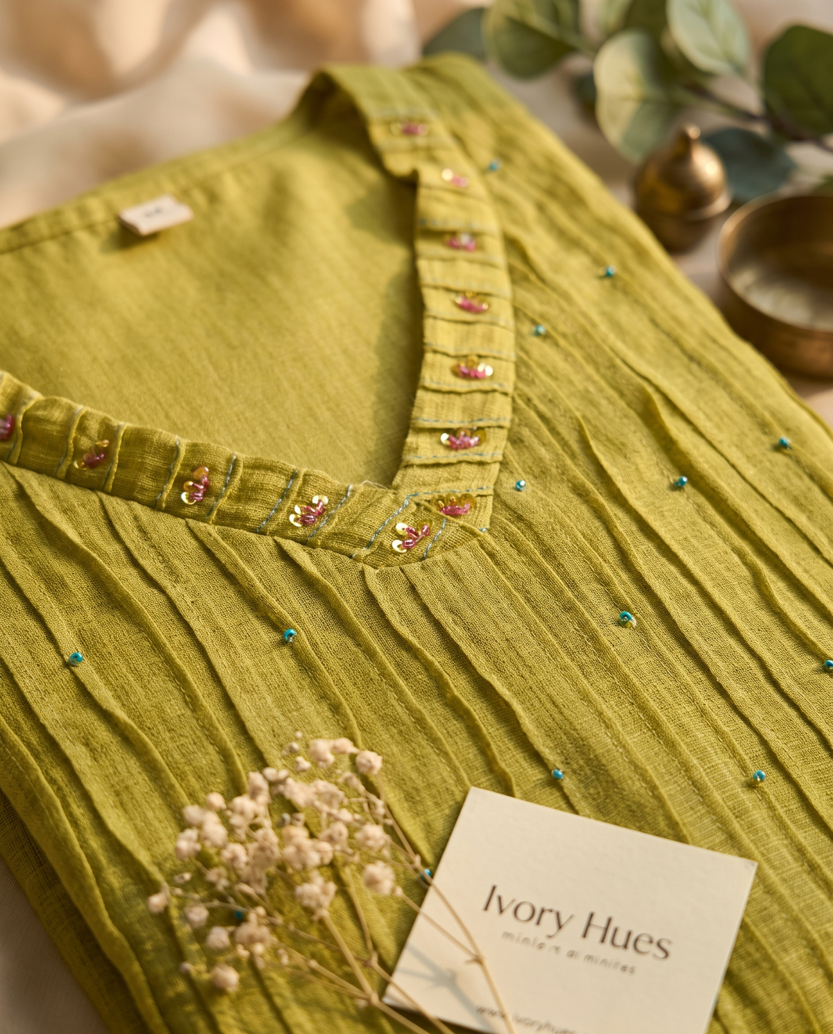 Kota Kainaat Pankhudi — apple green Kota Doria suit with bead and sequin detail — Ivory Hues, Indian ethnic wear Singapore