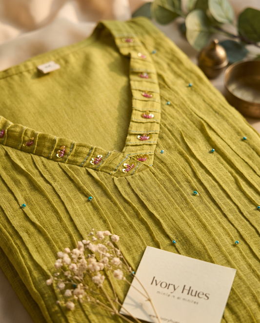 Kota Kainaat Pankhudi — apple green Kota Doria suit with bead and sequin detail — Ivory Hues, Indian ethnic wear Singapore