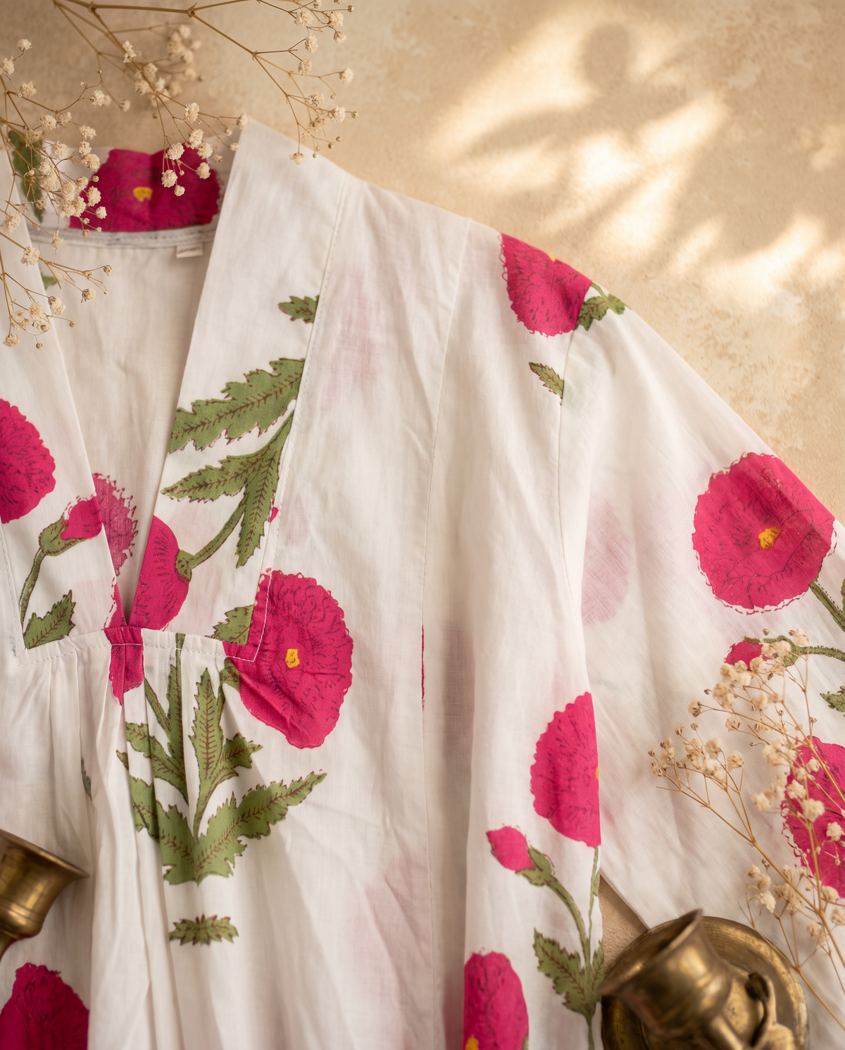 Fiza 3.0 Pink Poppy — pink poppy-print cotton dress with V-neckline and pockets — Ivory Hues, Indian ethnic wear Singapore