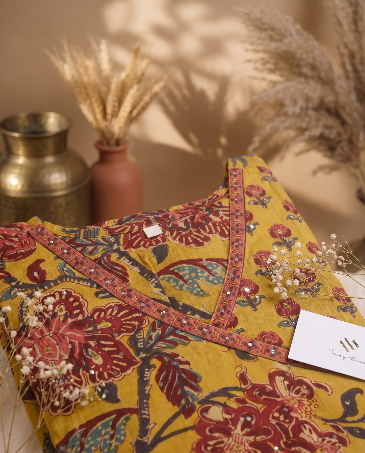 Anokhi Khwaab — mustard yellow cotton suit with handblock print and angrakha wrap — Ivory Hues, Indian ethnic wear Singapore